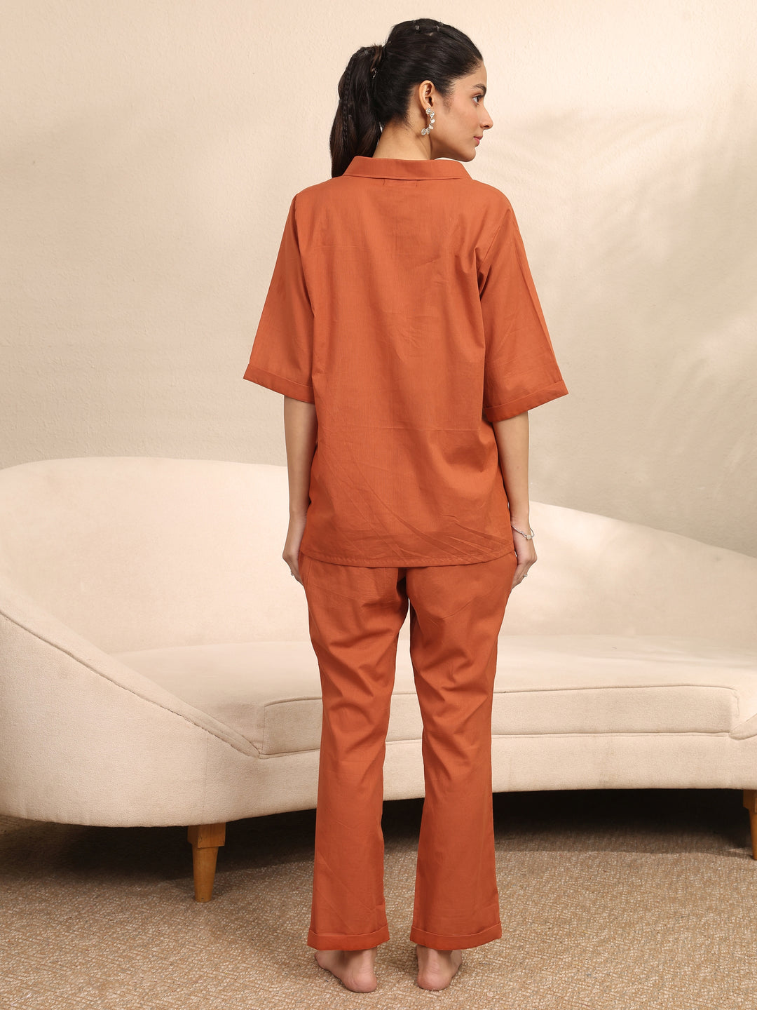 Rust Solid Cotton Night Suit