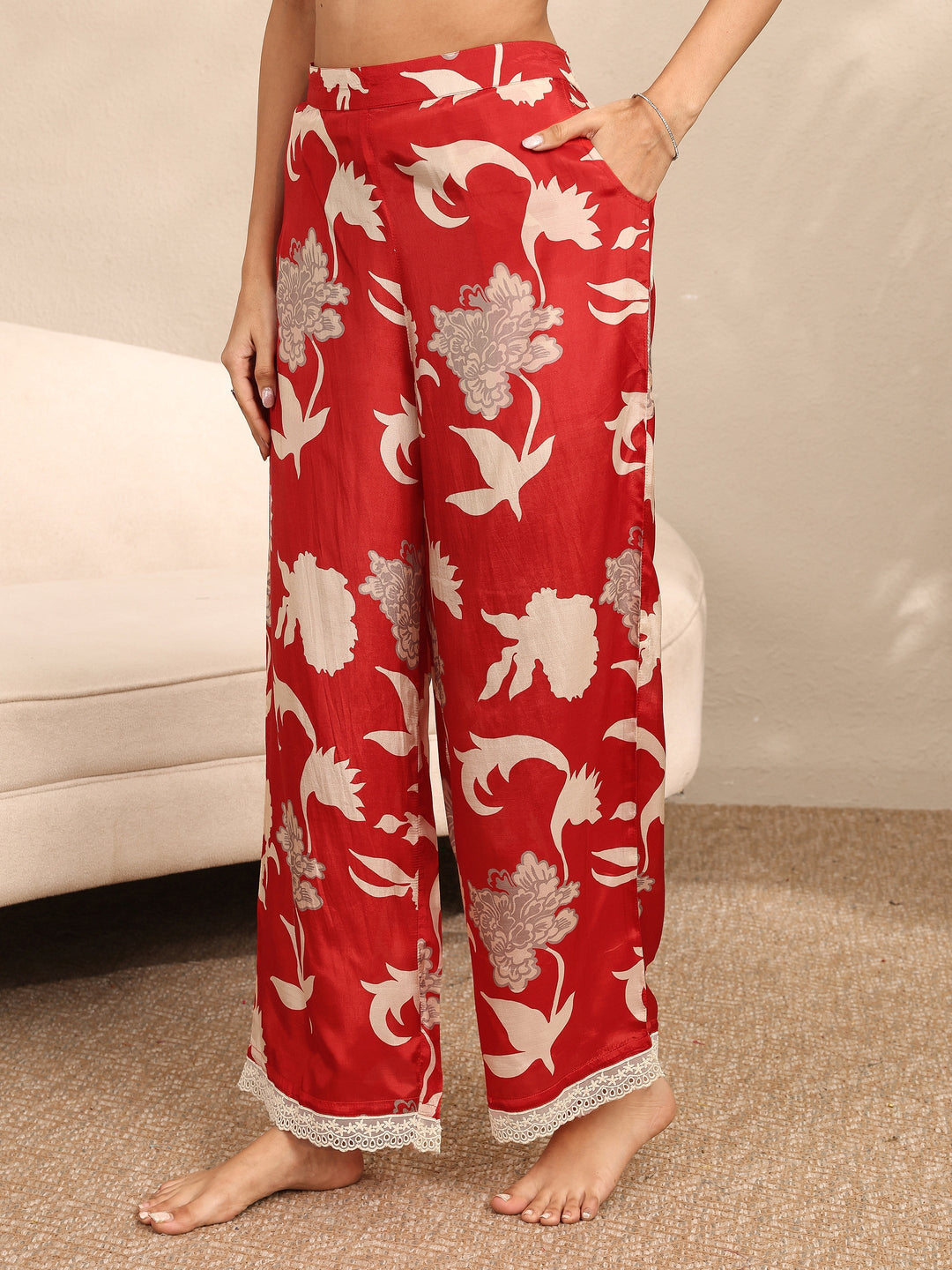 Red Printed Silk Blend Night Suit