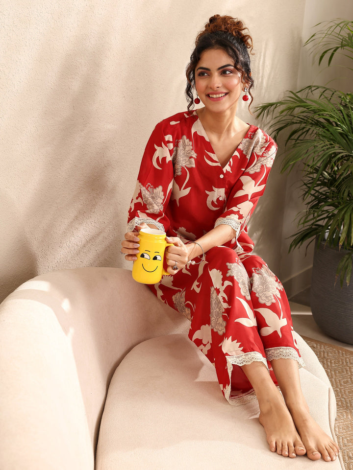 Red Printed Silk Blend Night Suit