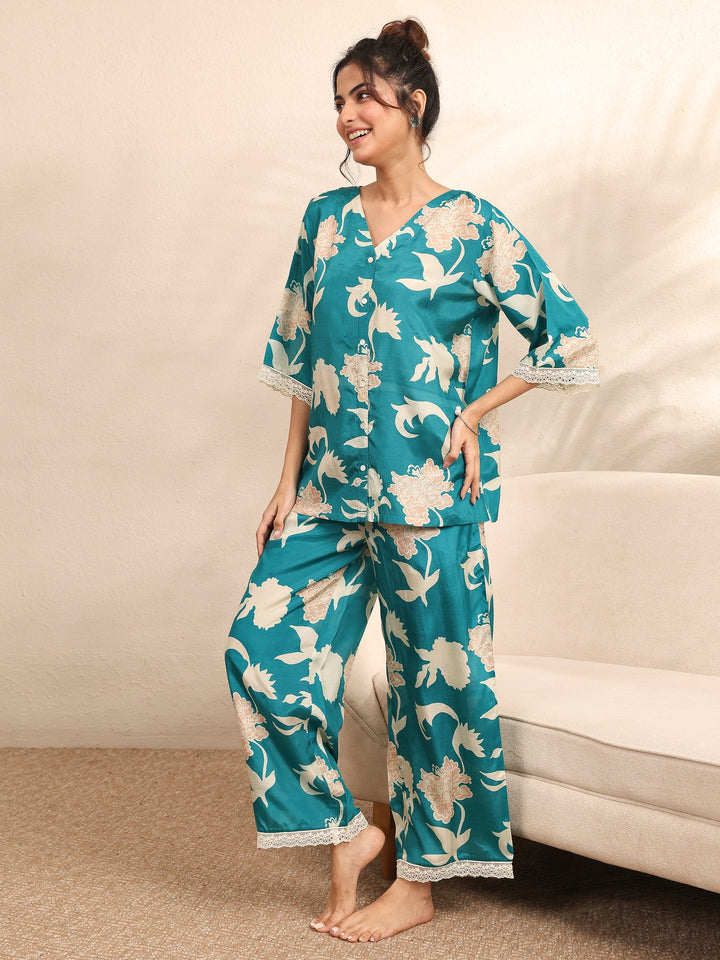 Blue Printed Silk Blend Night Suit