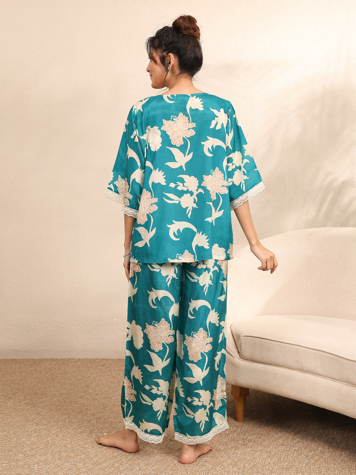 Blue Printed Silk Blend Night Suit