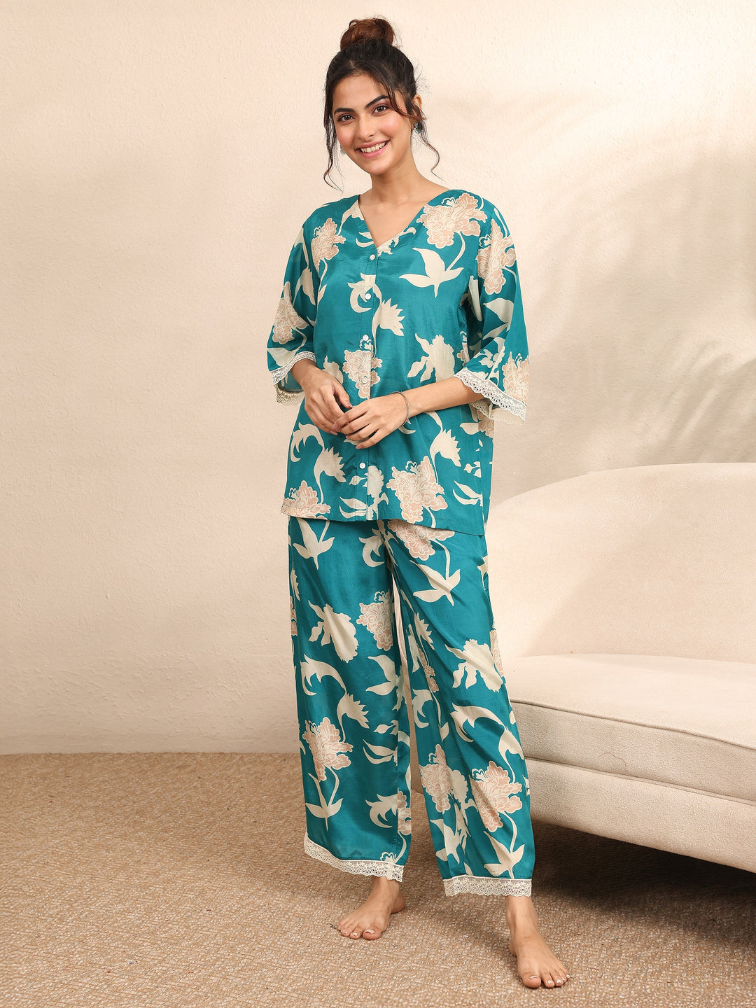 Blue Printed Silk Blend Night Suit