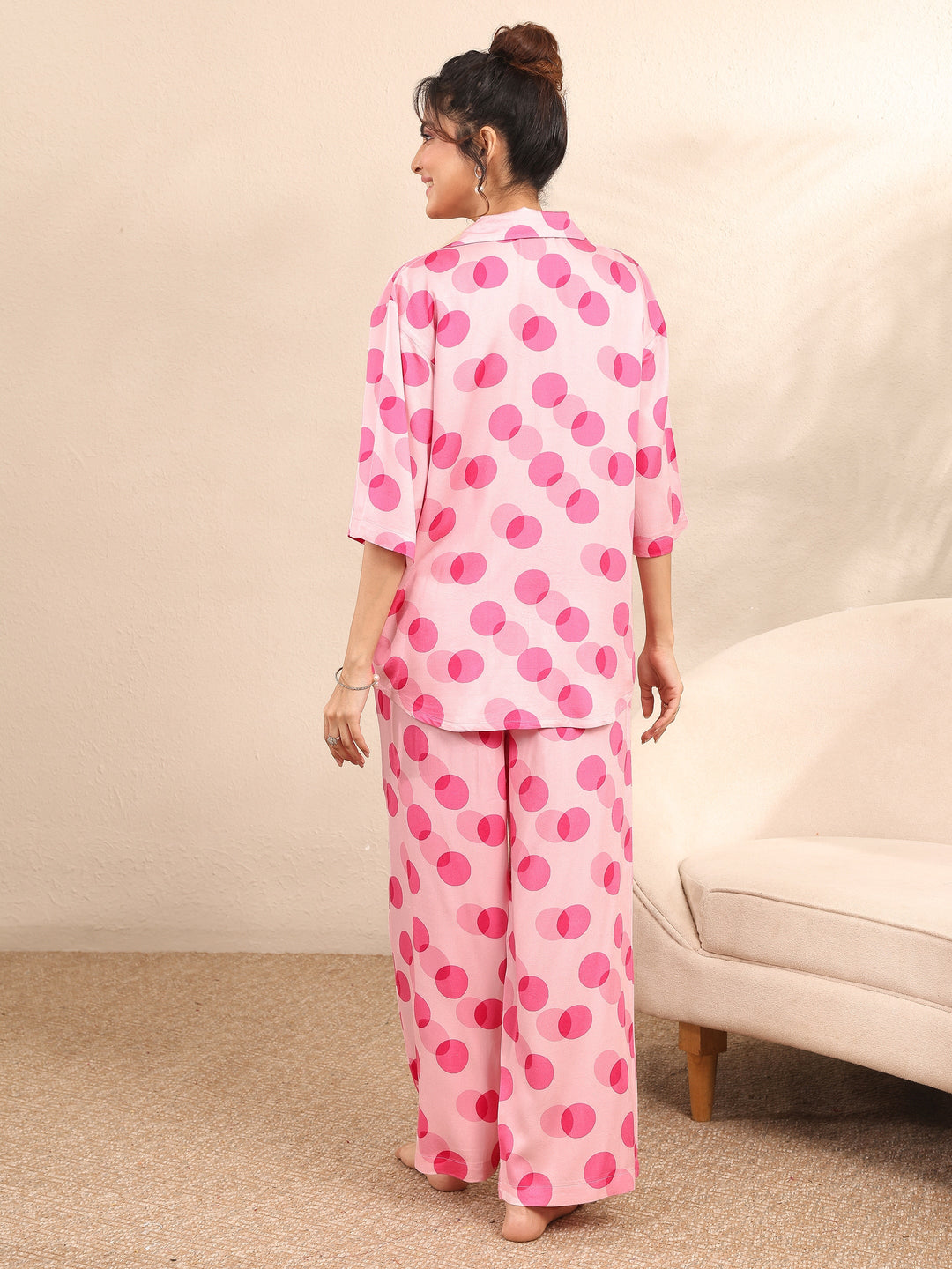 Pink Printed Silk Blend Night Suit
