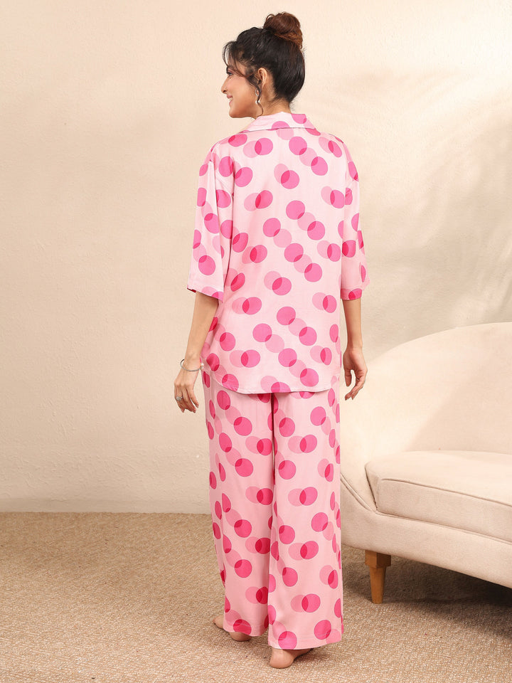 Pink Printed Silk Blend Night Suit