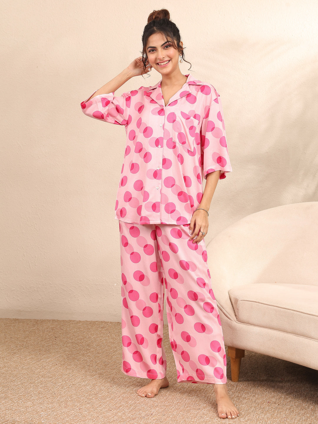 Pink Printed Silk Blend Night Suit