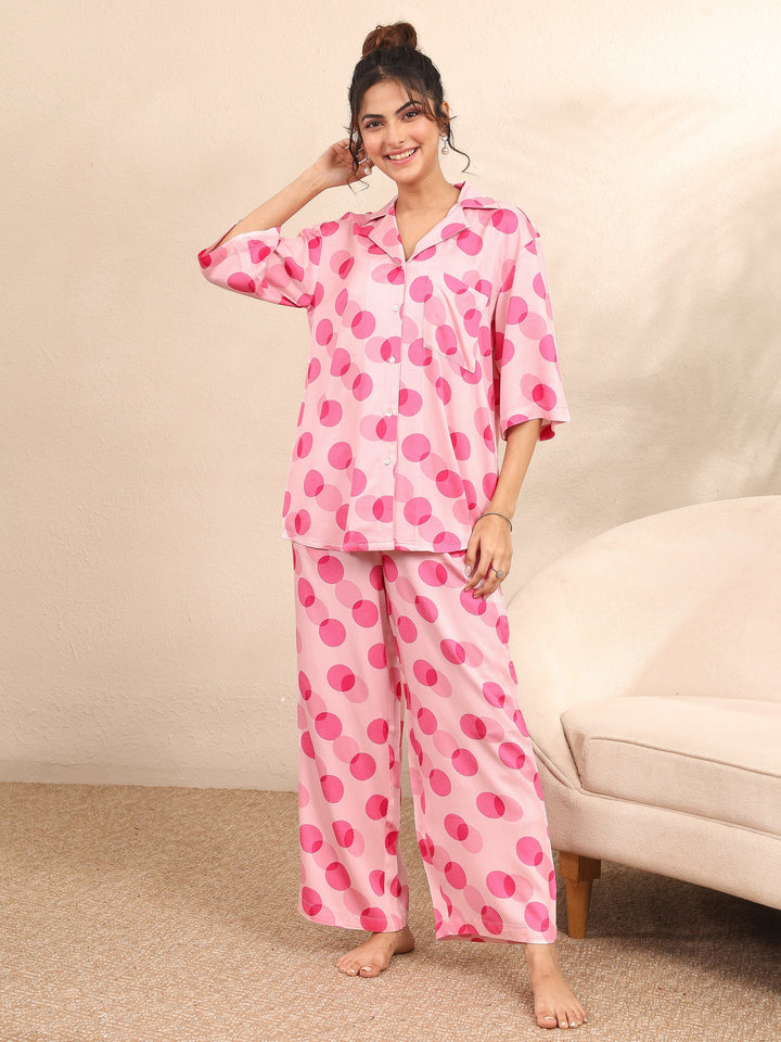 Pink Printed Silk Blend Night Suit