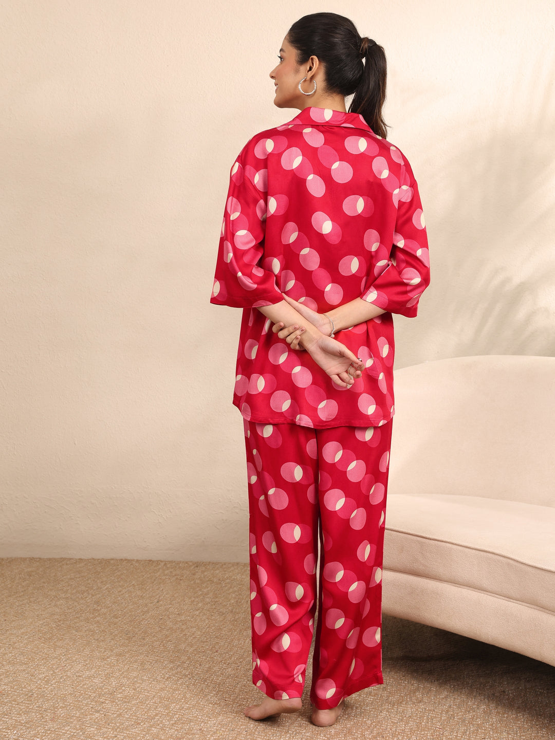 Red Printed Silk Blend Night Suit