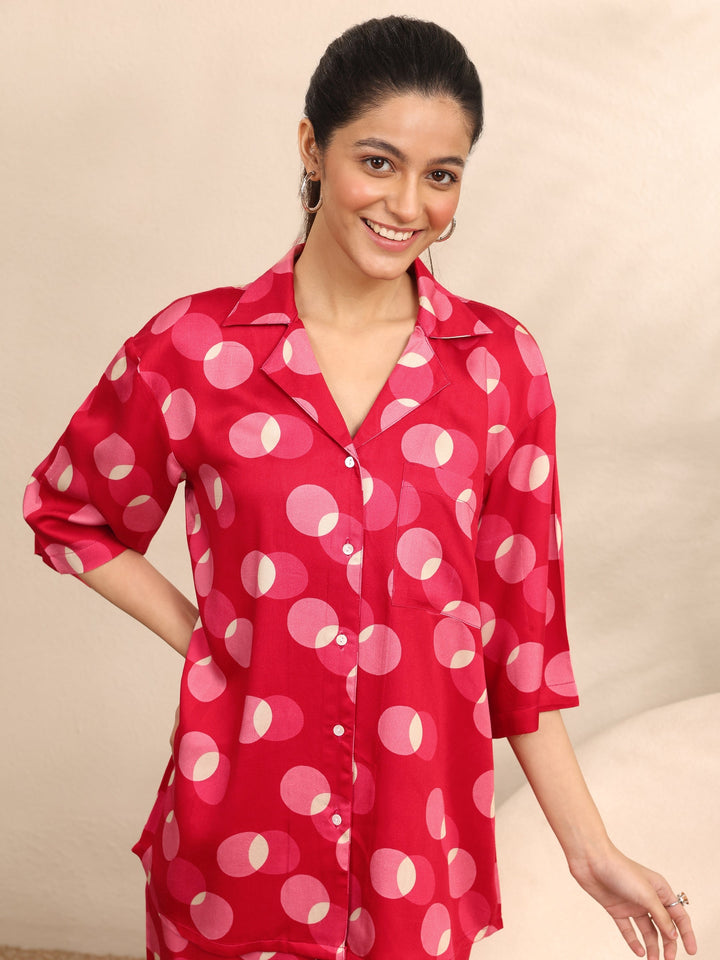 Red Printed Silk Blend Night Suit