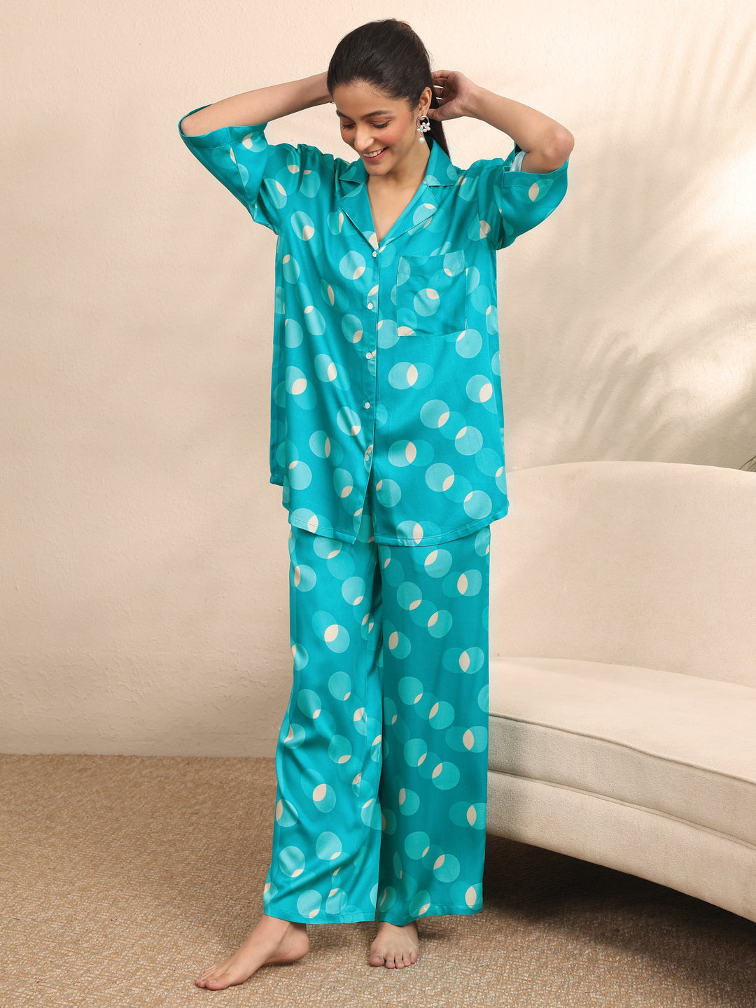 Blue Printed Silk Blend Night Suit