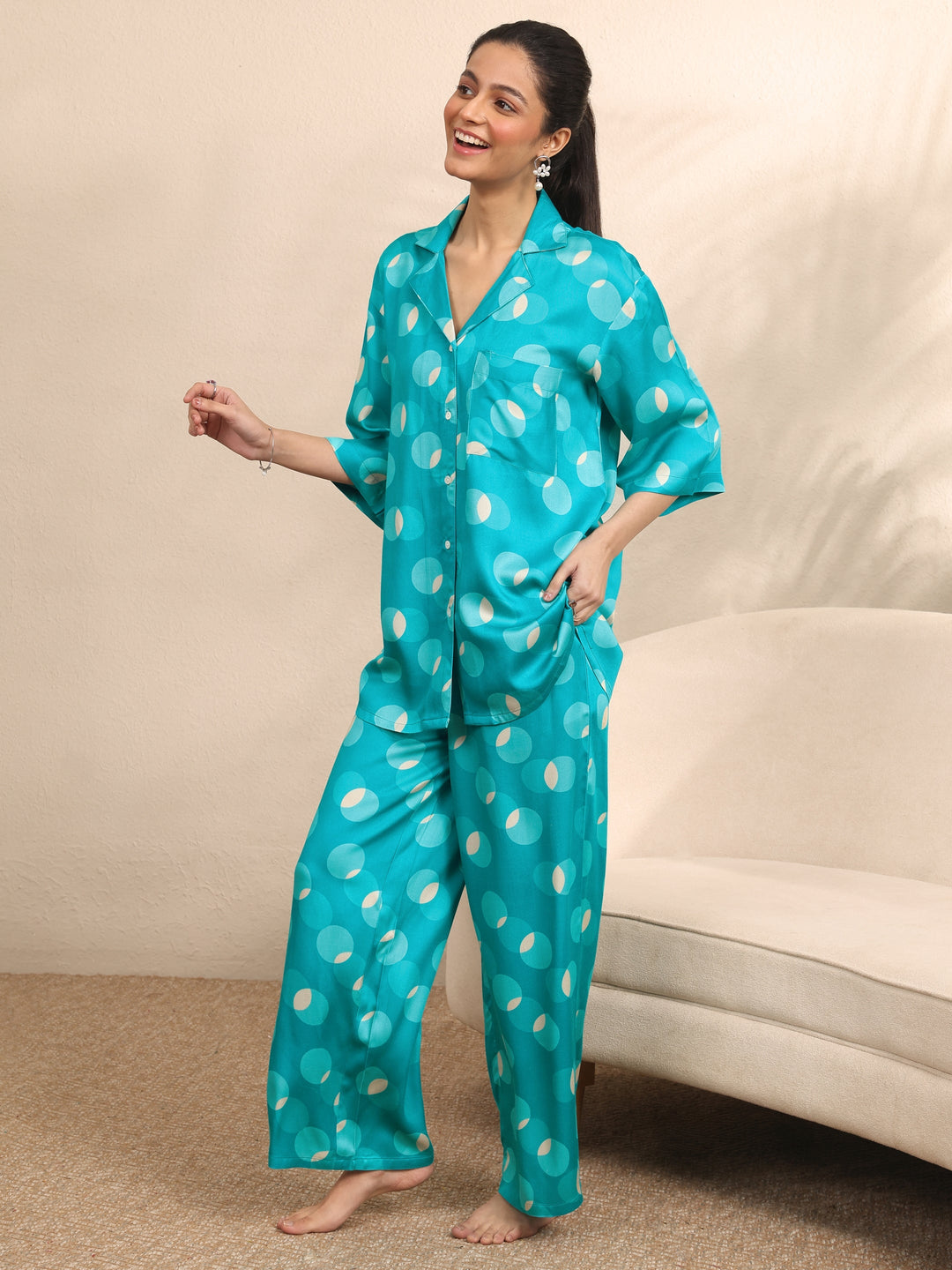 Blue Printed Silk Blend Night Suit