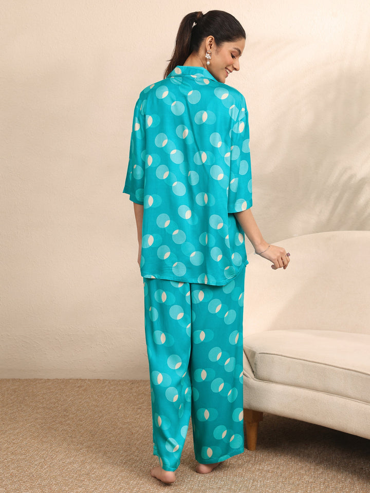 Blue Printed Silk Blend Night Suit