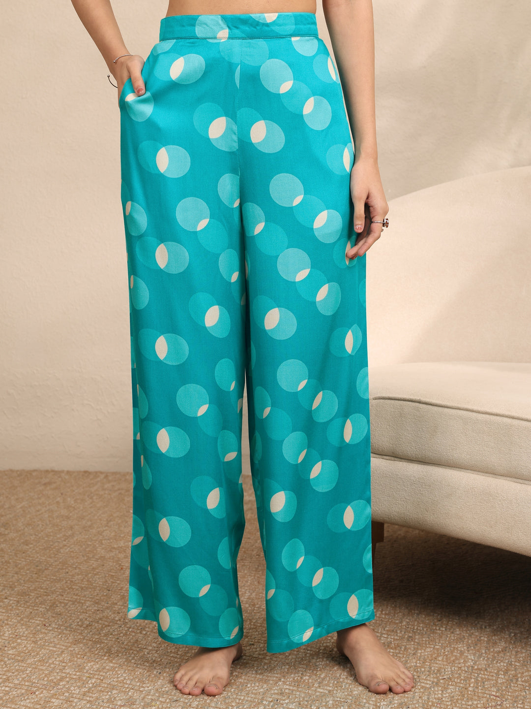 Blue Printed Silk Blend Night Suit