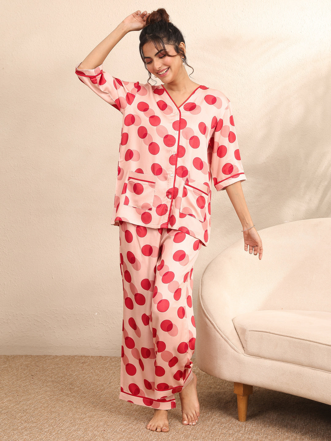 Peach Printed Silk Blend Night Suit