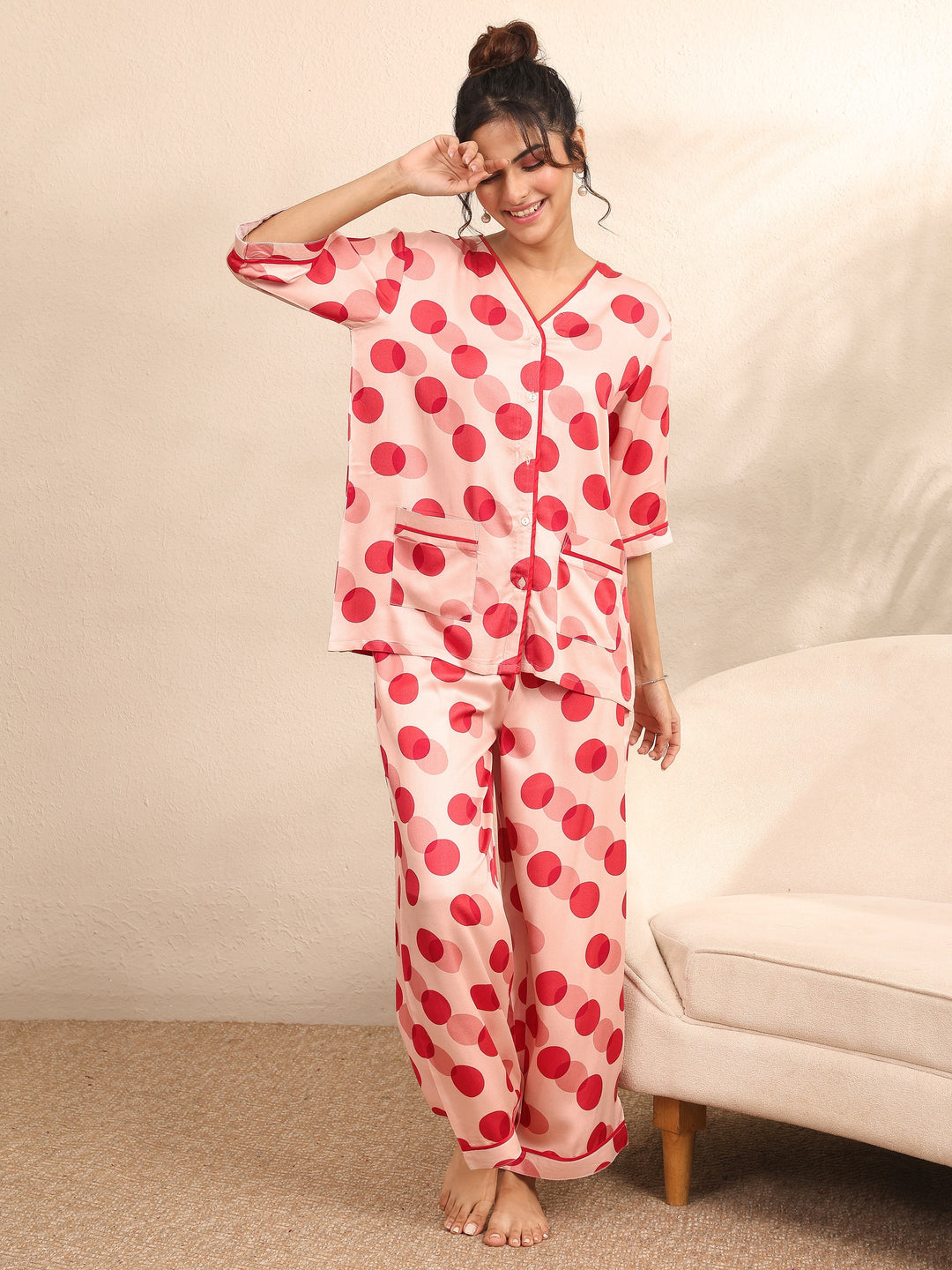 Peach Printed Silk Blend Night Suit