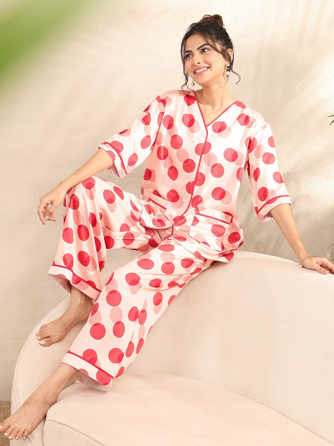Peach Printed Silk Blend Night Suit