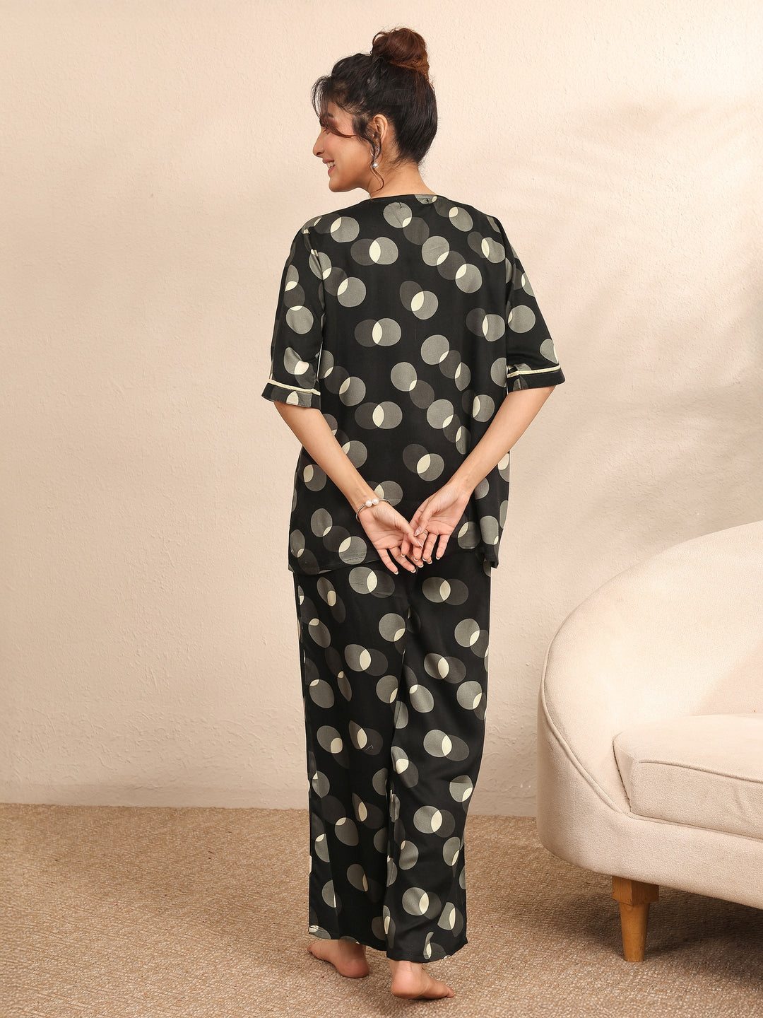 Black Printed Silk Blend Night Suit
