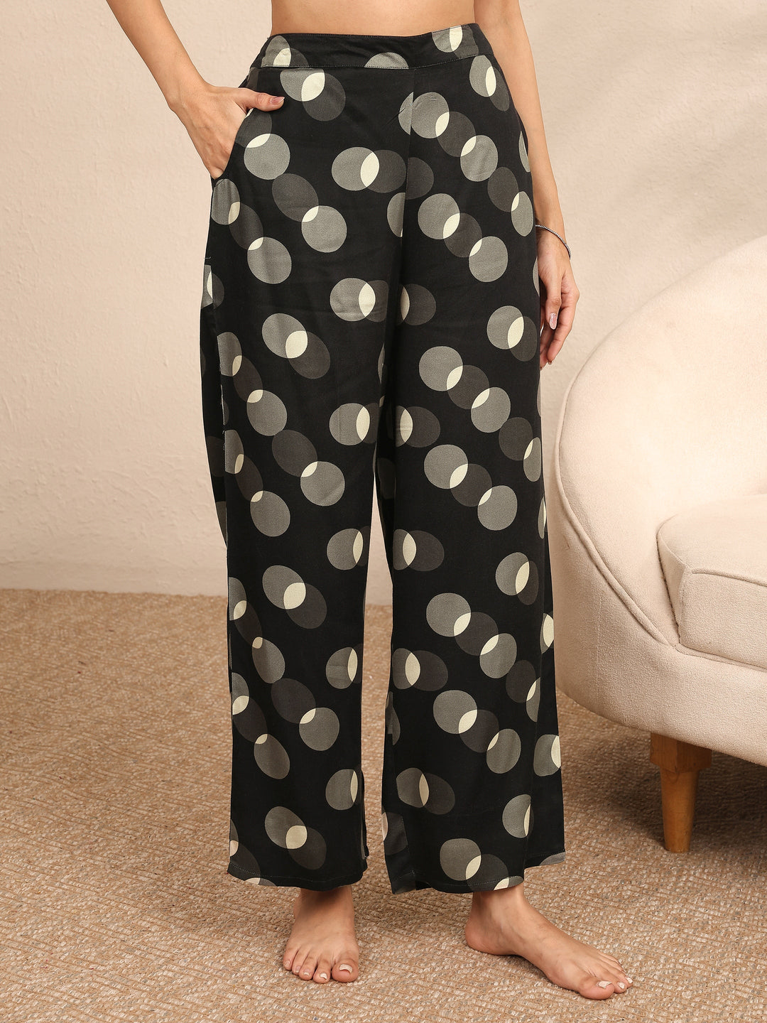 Black Printed Silk Blend Night Suit