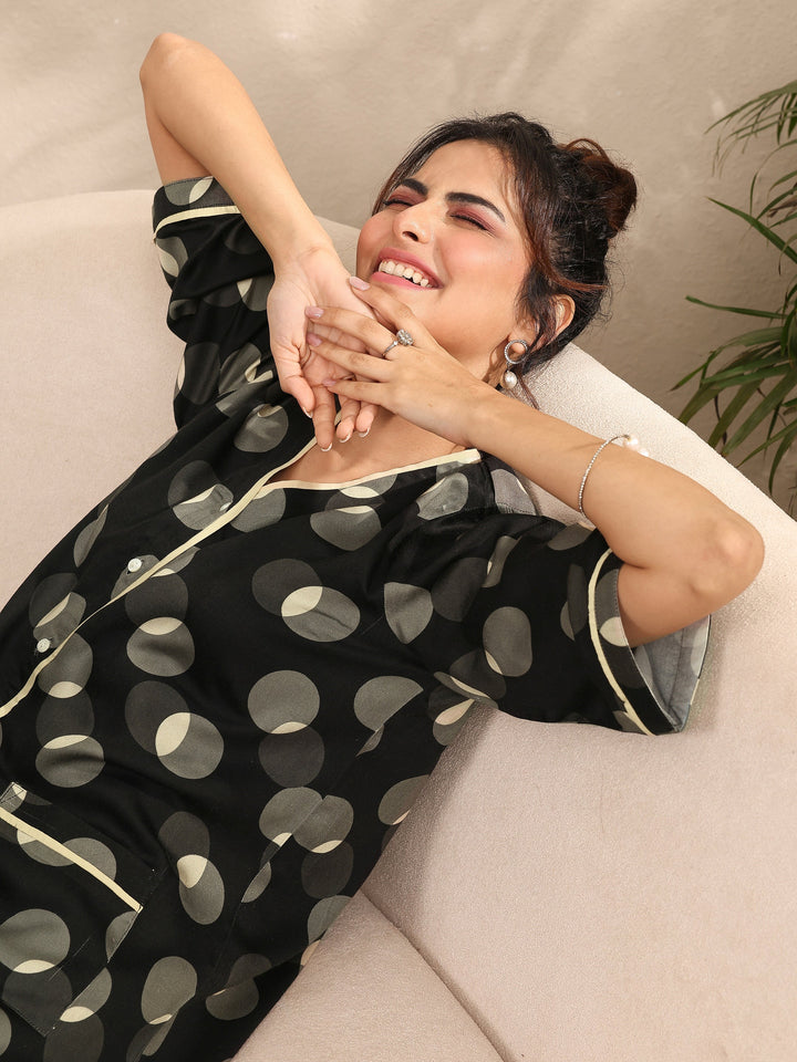 Black Printed Silk Blend Night Suit