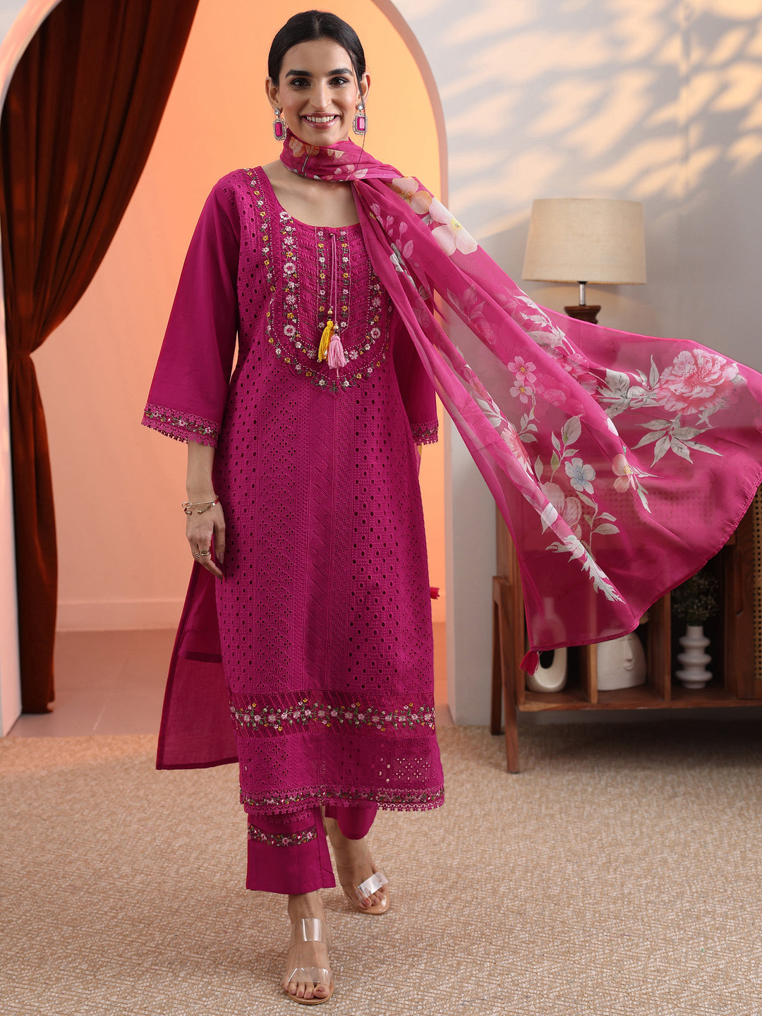 Pink Embroidered Cotton Straight Suit Set With Dupatta