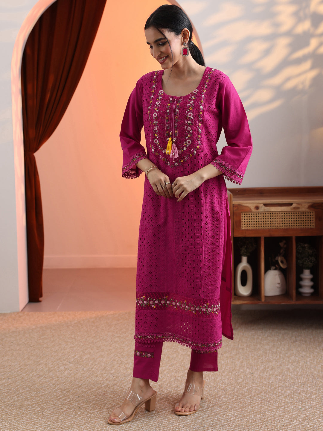 Pink Embroidered Cotton Straight Suit Set With Dupatta