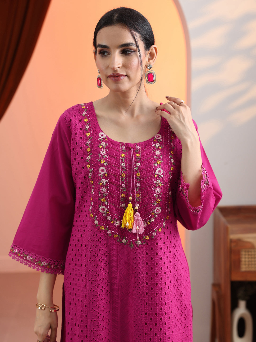 Pink Embroidered Cotton Straight Suit Set With Dupatta