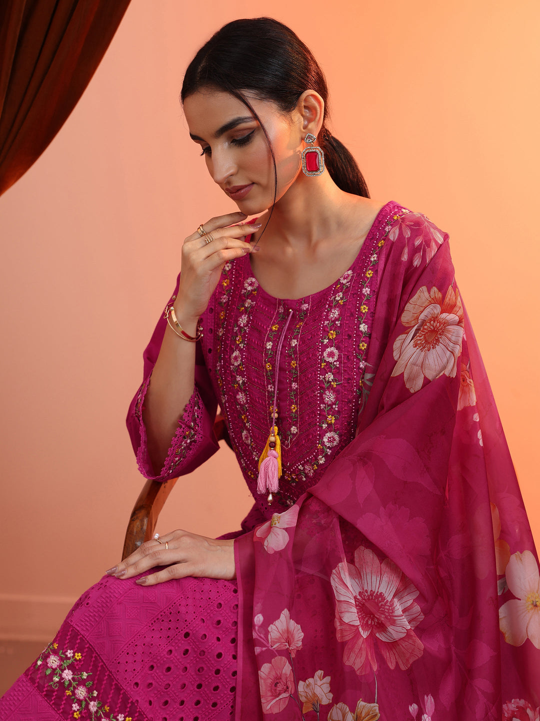 Pink Embroidered Cotton Straight Suit Set With Dupatta