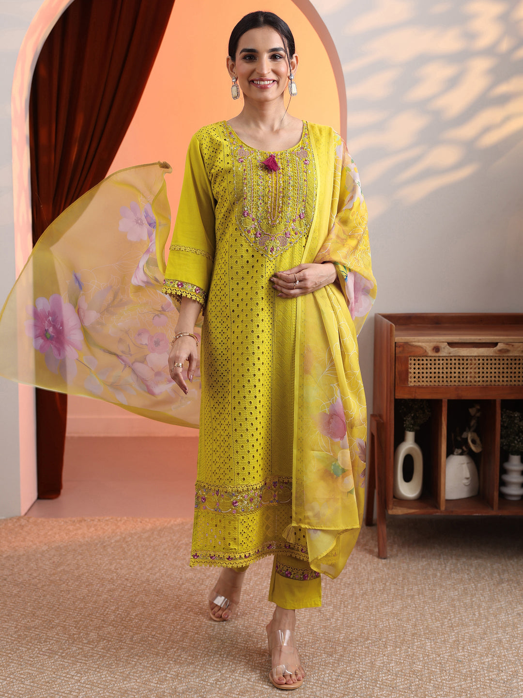 Mustard Embroidered Cotton Straight Suit Set With Dupatta