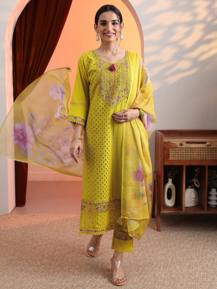 Mustard Embroidered Cotton Straight Suit Set With Dupatta