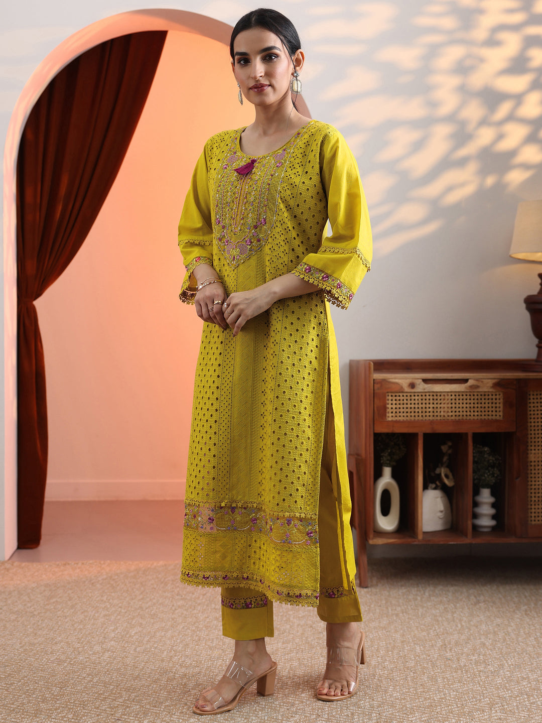 Mustard Embroidered Cotton Straight Suit Set With Dupatta