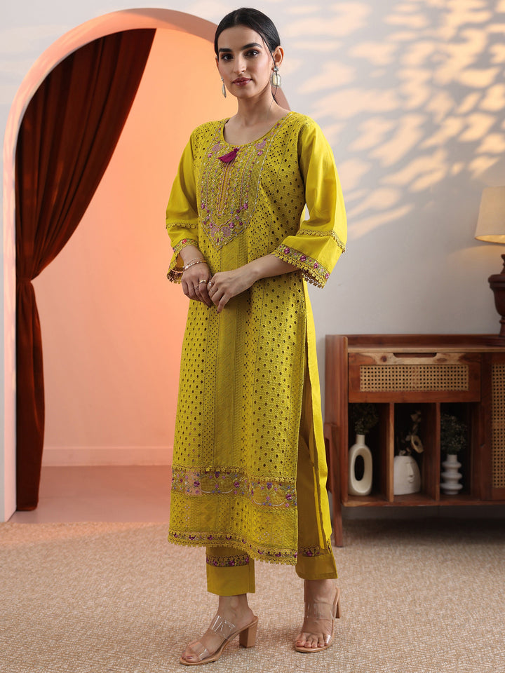 Mustard Embroidered Cotton Straight Suit Set With Dupatta