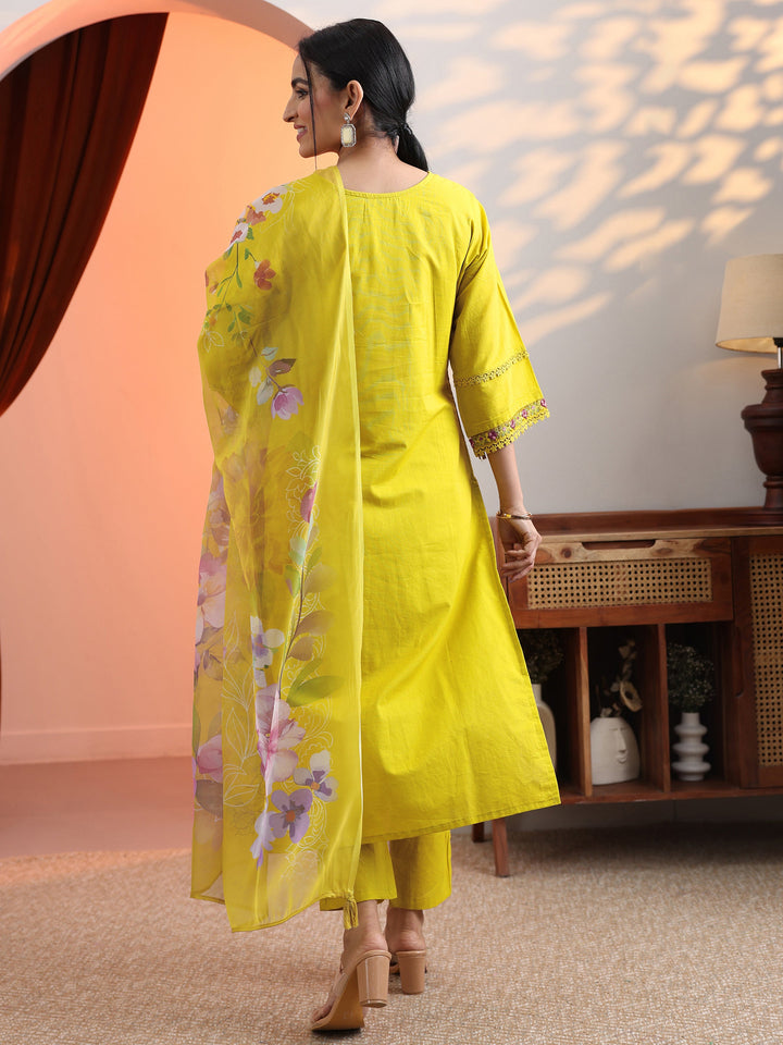 Mustard Embroidered Cotton Straight Suit Set With Dupatta