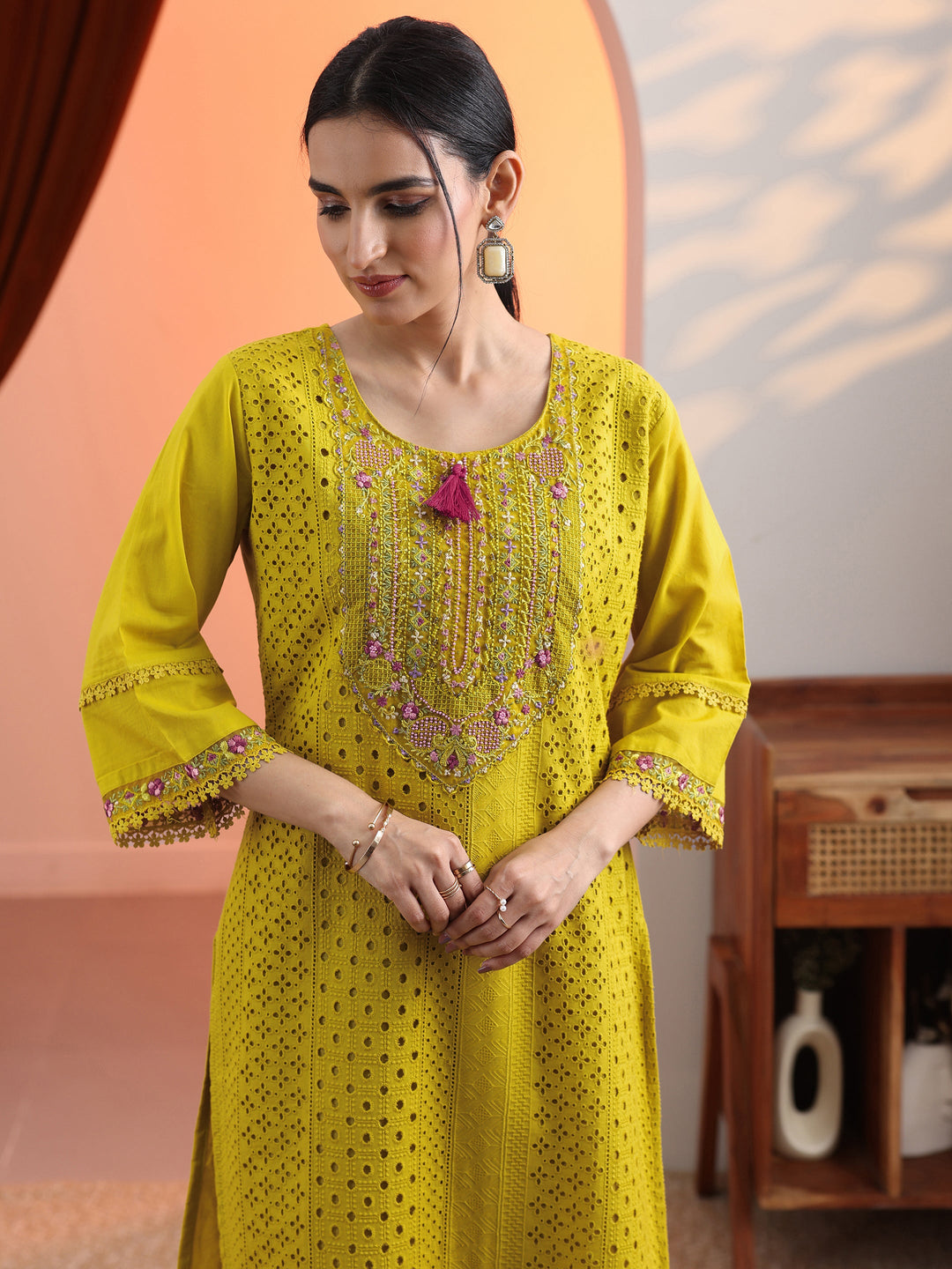 Mustard Embroidered Cotton Straight Suit Set With Dupatta
