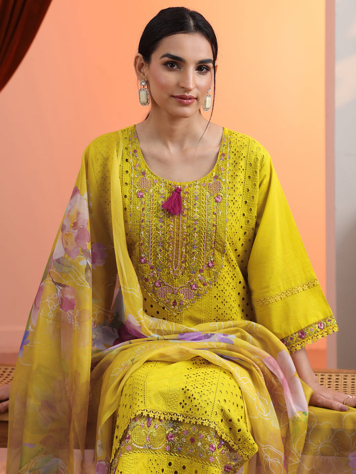 Mustard Embroidered Cotton Straight Suit Set With Dupatta