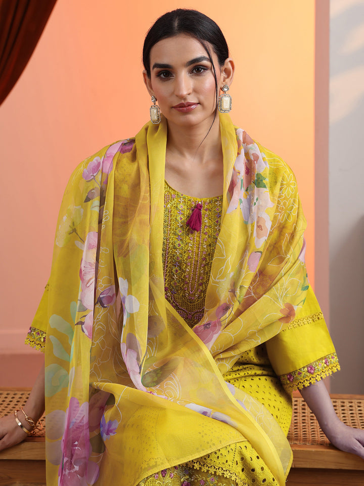 Mustard Embroidered Cotton Straight Suit Set With Dupatta