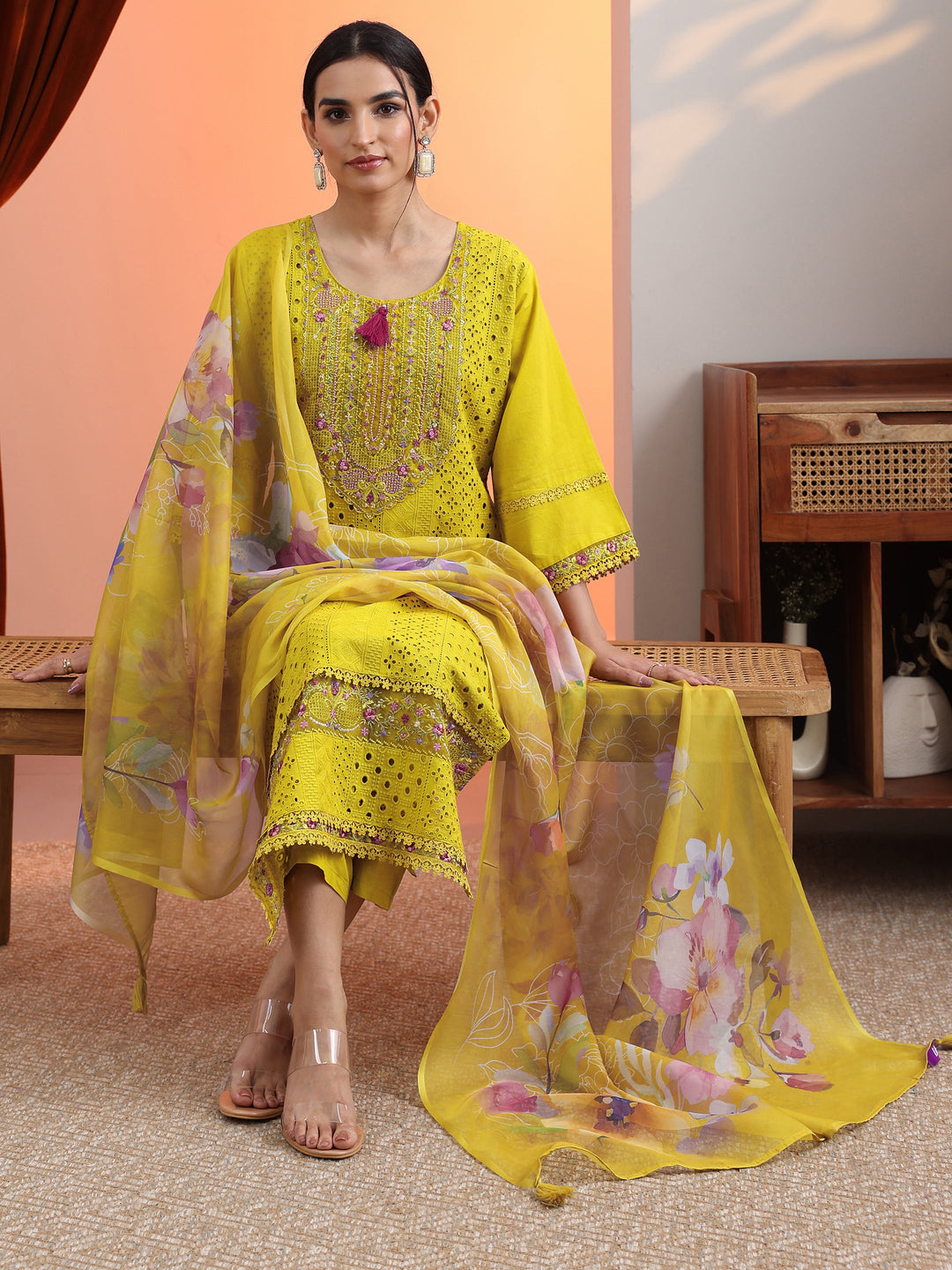 Mustard Embroidered Cotton Straight Suit Set With Dupatta