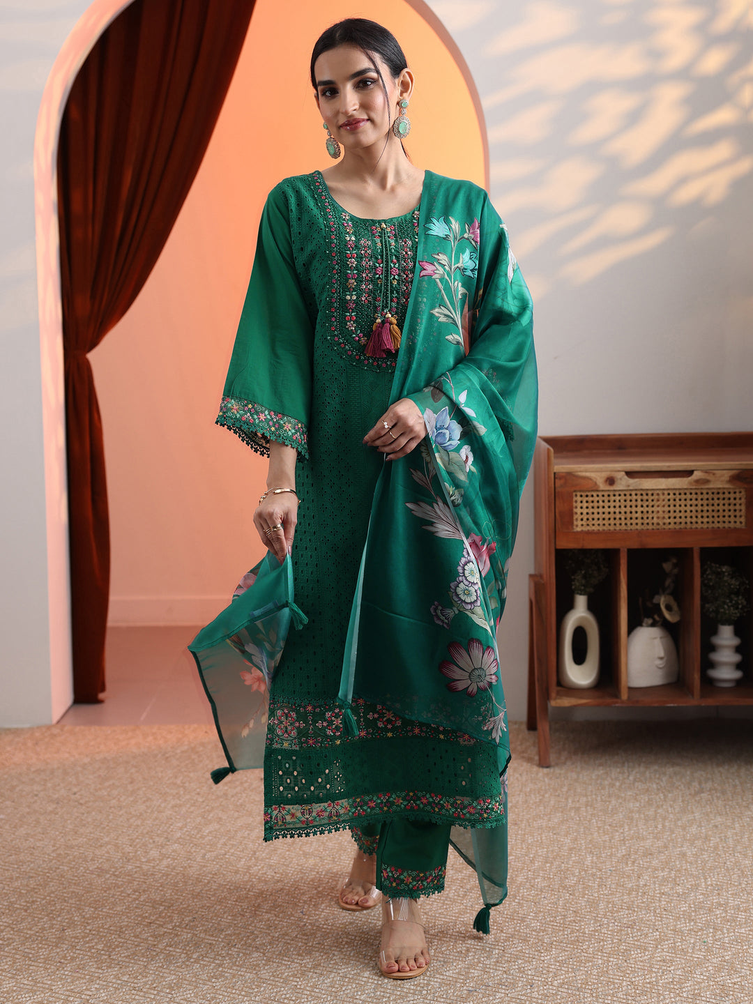 Green Embroidered Cotton Straight Suit Set With Dupatta