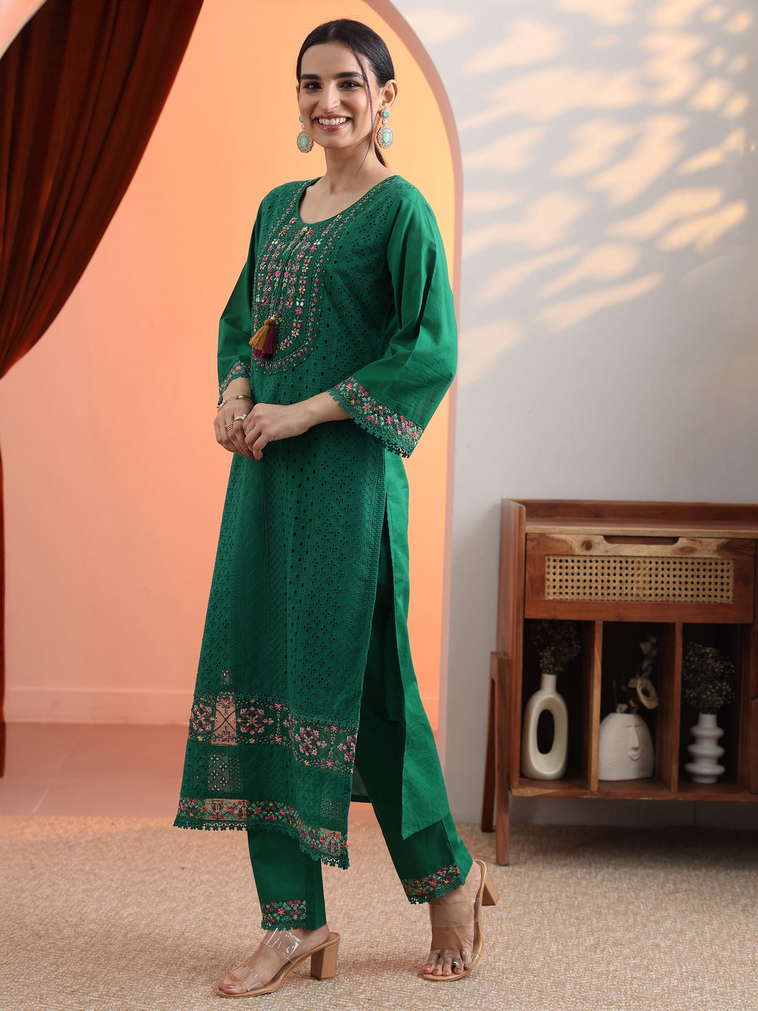 Green Embroidered Cotton Straight Suit Set With Dupatta