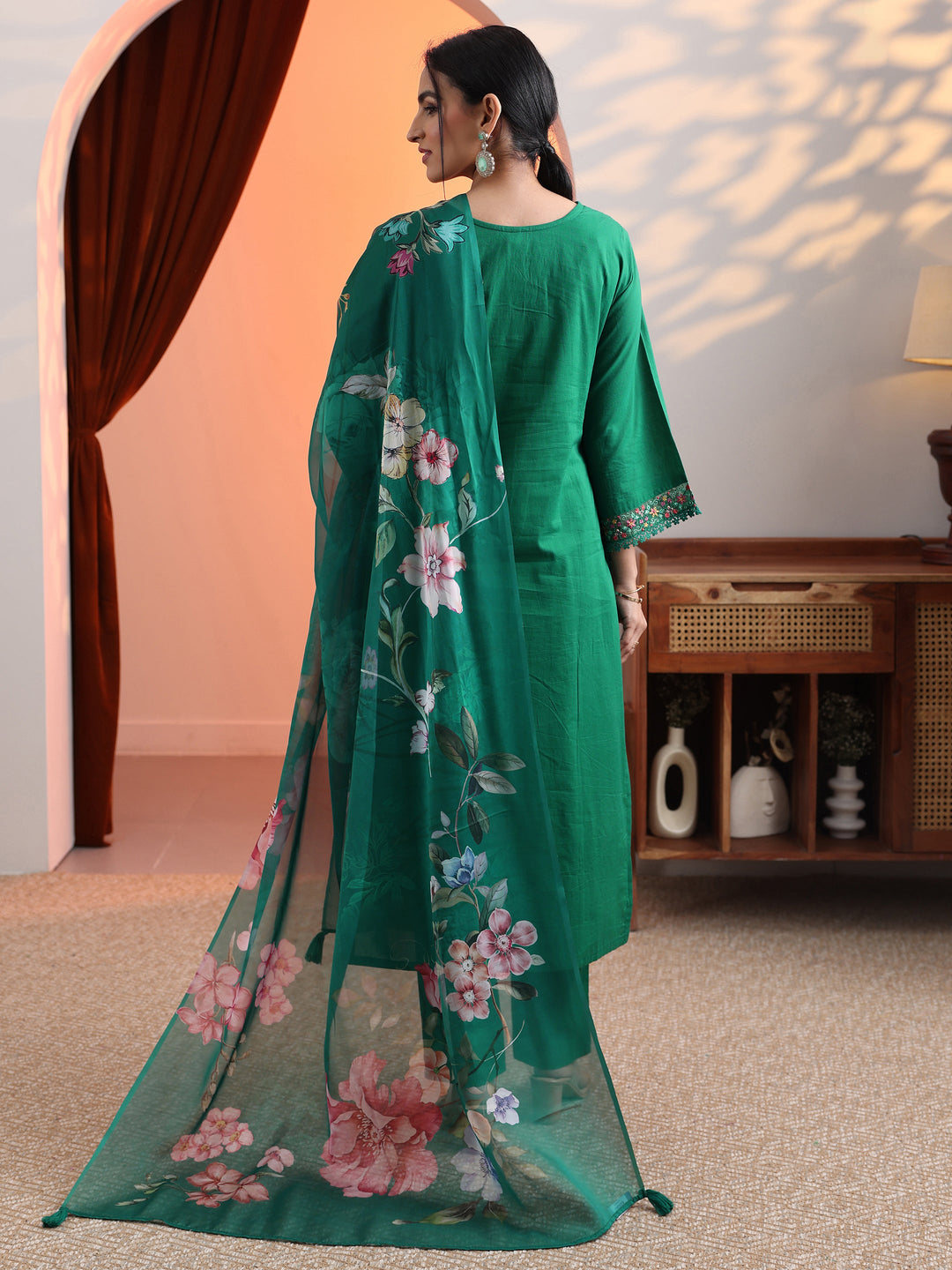 Green Embroidered Cotton Straight Suit Set With Dupatta