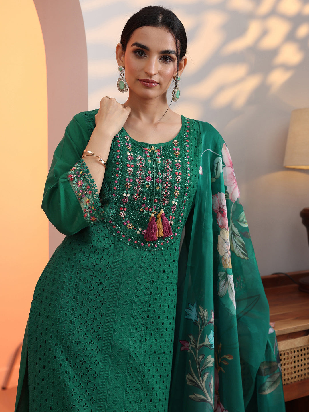 Green Embroidered Cotton Straight Suit Set With Dupatta