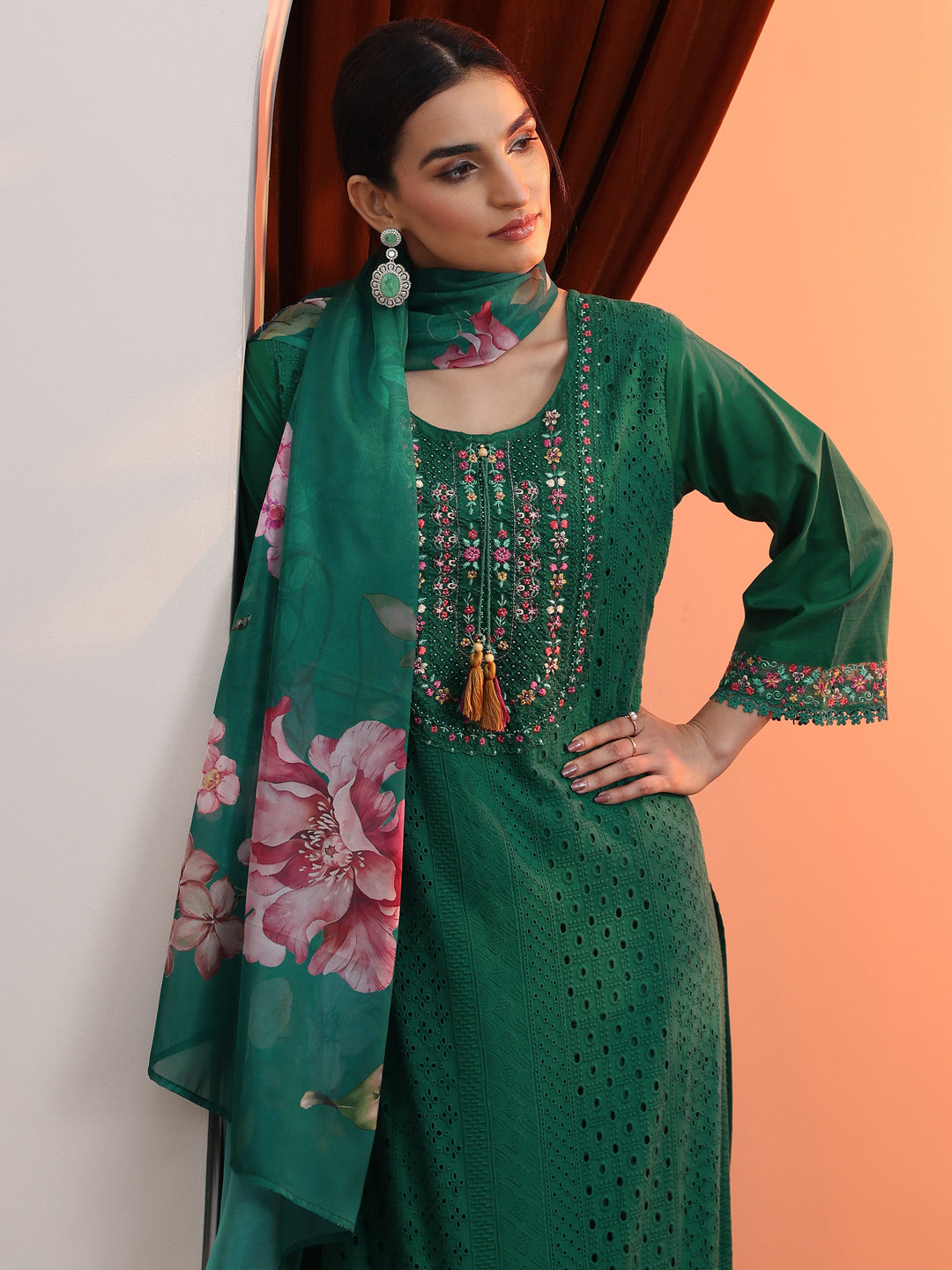 Green Embroidered Cotton Straight Suit Set With Dupatta