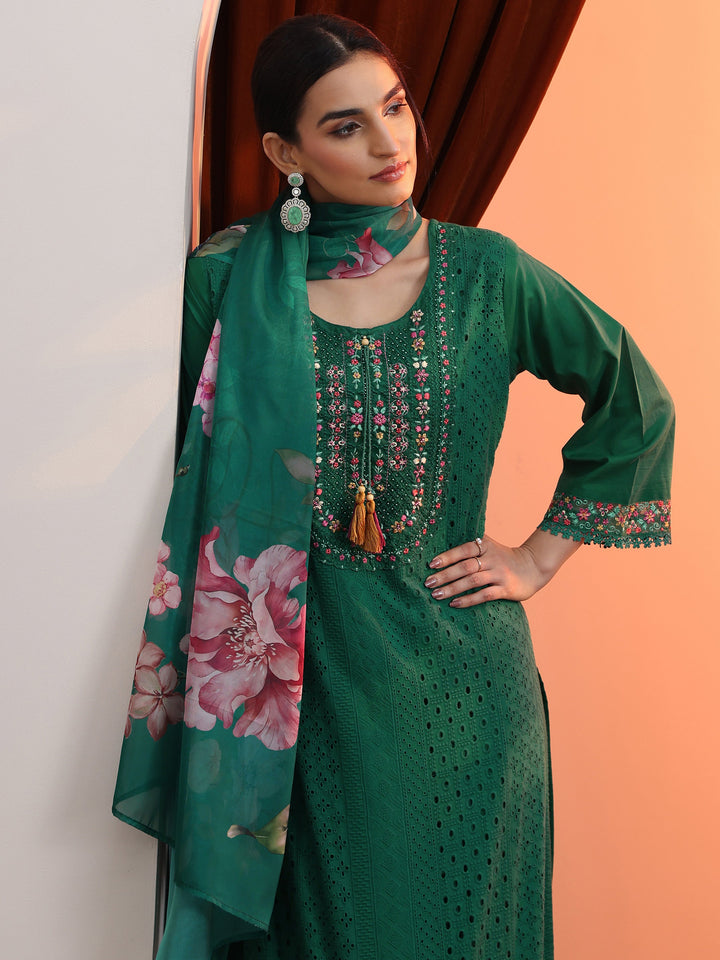 Green Embroidered Cotton Straight Suit Set With Dupatta