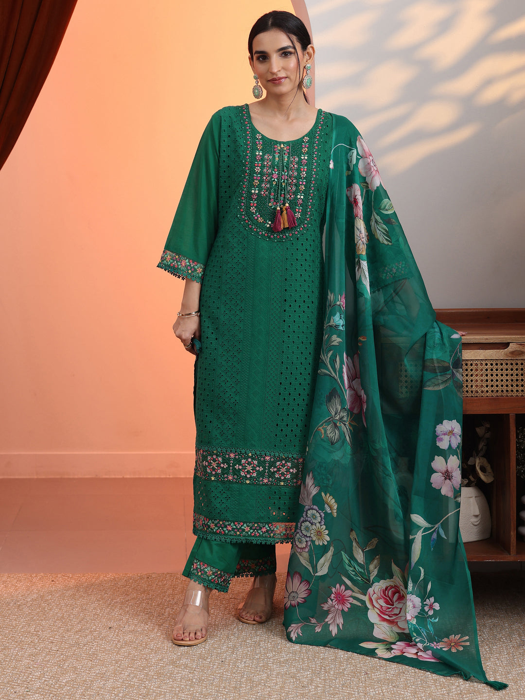 Green Embroidered Cotton Straight Suit Set With Dupatta