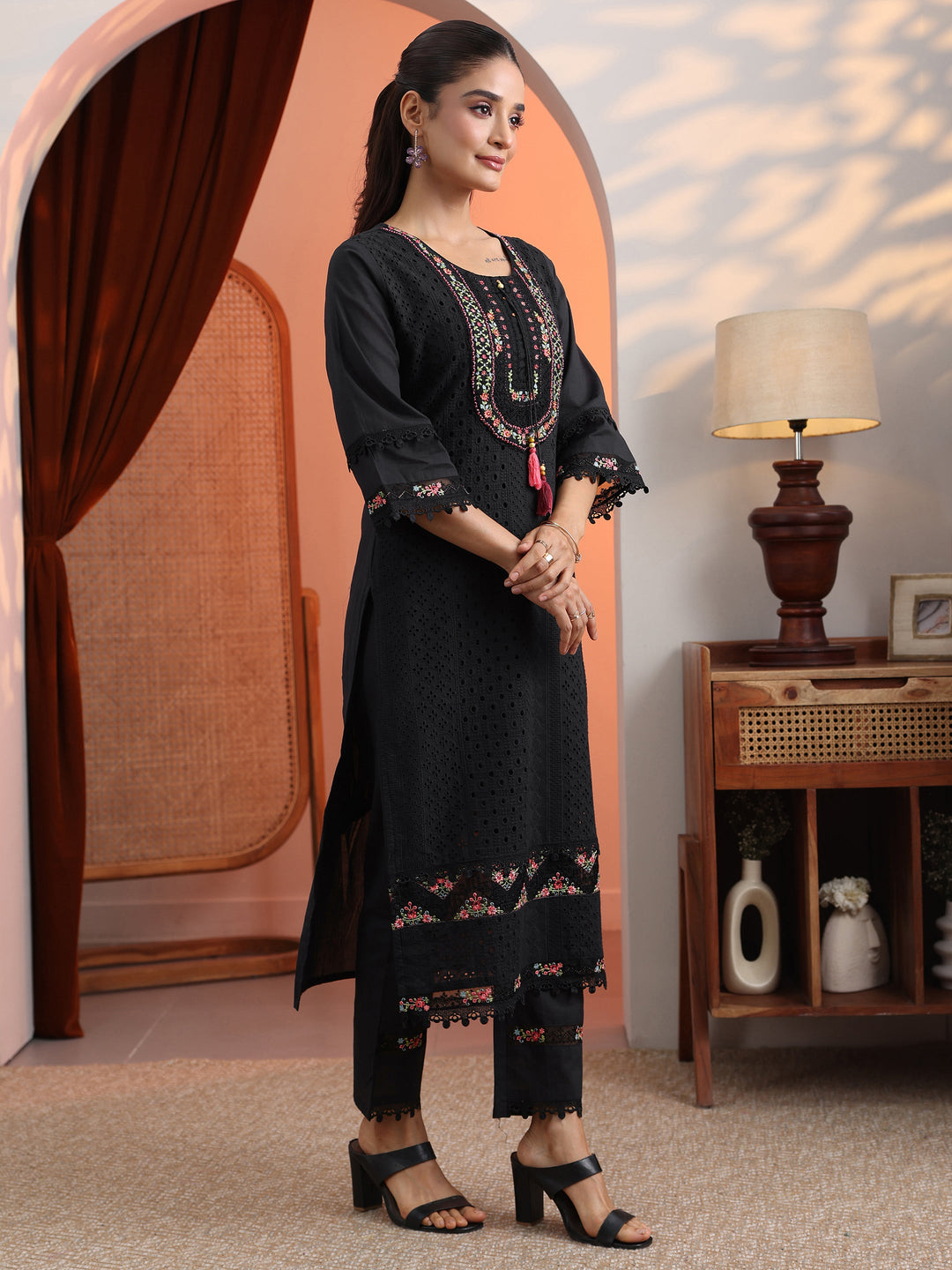 Black Embroidered Cotton Straight Suit Set With Dupatta