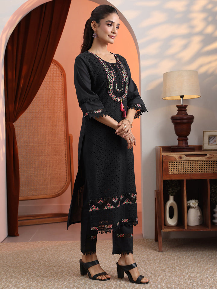 Black Embroidered Cotton Straight Suit Set With Dupatta