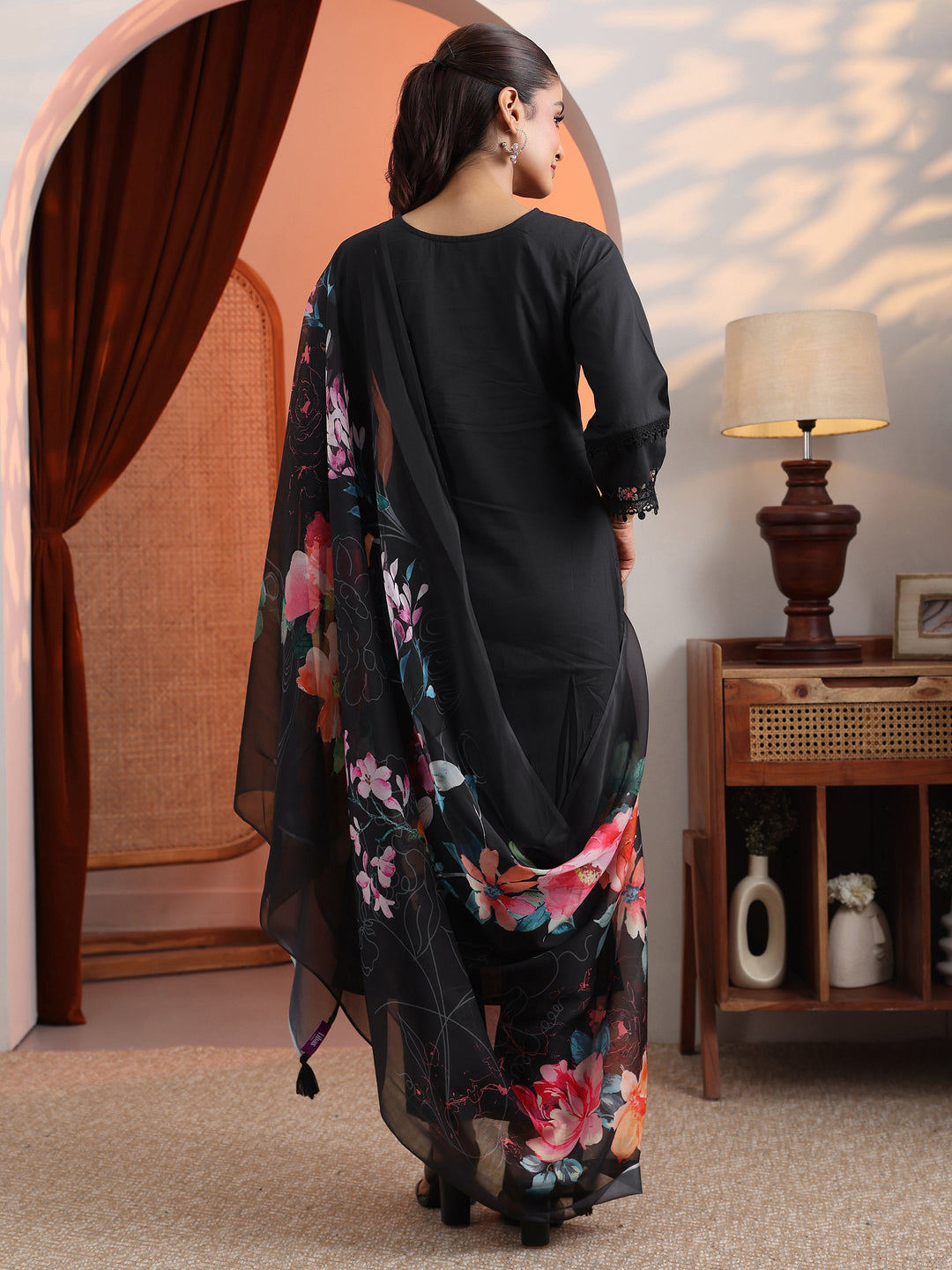 Black Embroidered Cotton Straight Suit Set With Dupatta