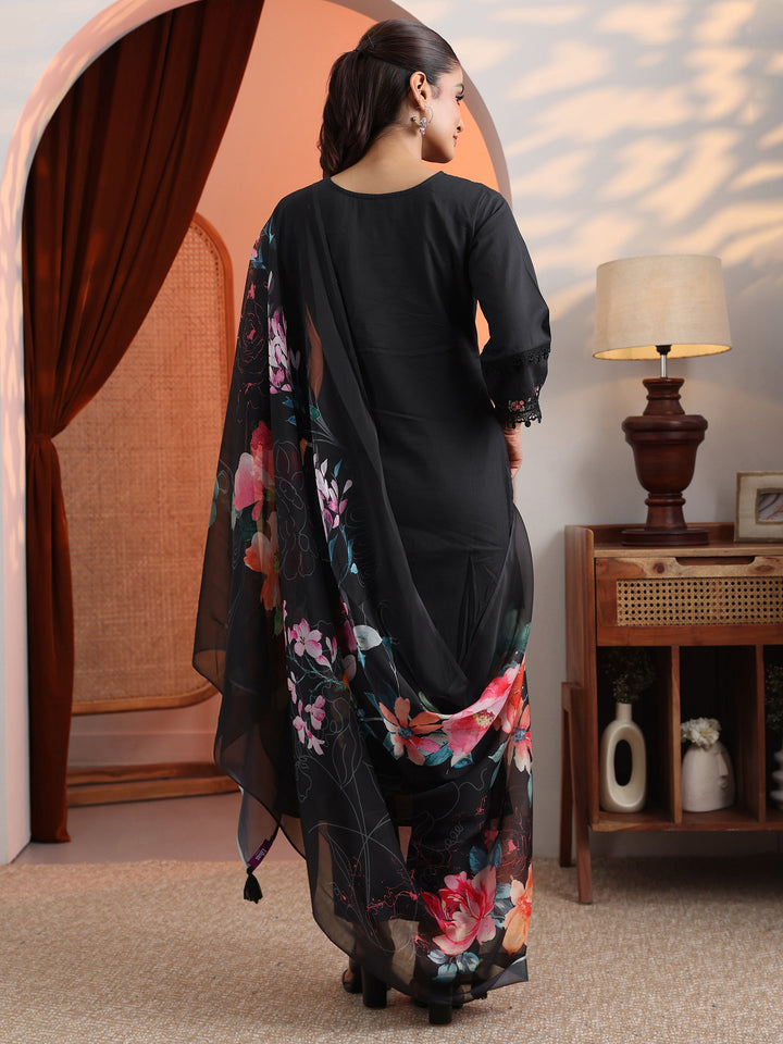 Black Embroidered Cotton Straight Suit Set With Dupatta
