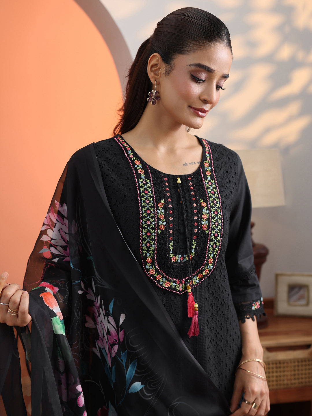 Black Embroidered Cotton Straight Suit Set With Dupatta