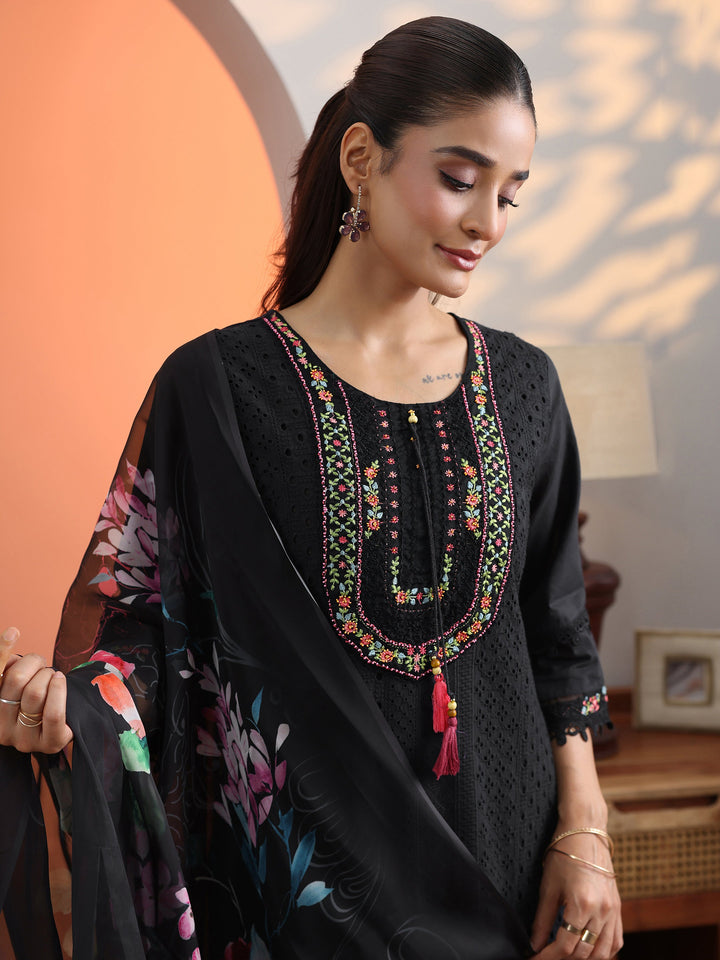 Black Embroidered Cotton Straight Suit Set With Dupatta