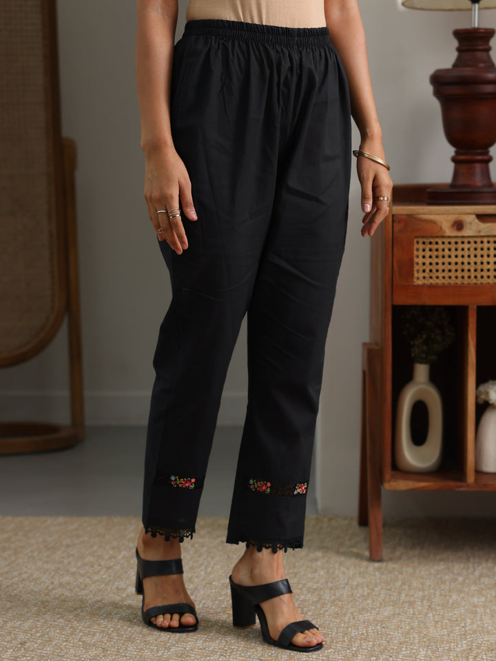 Black Embroidered Cotton Straight Suit Set With Dupatta