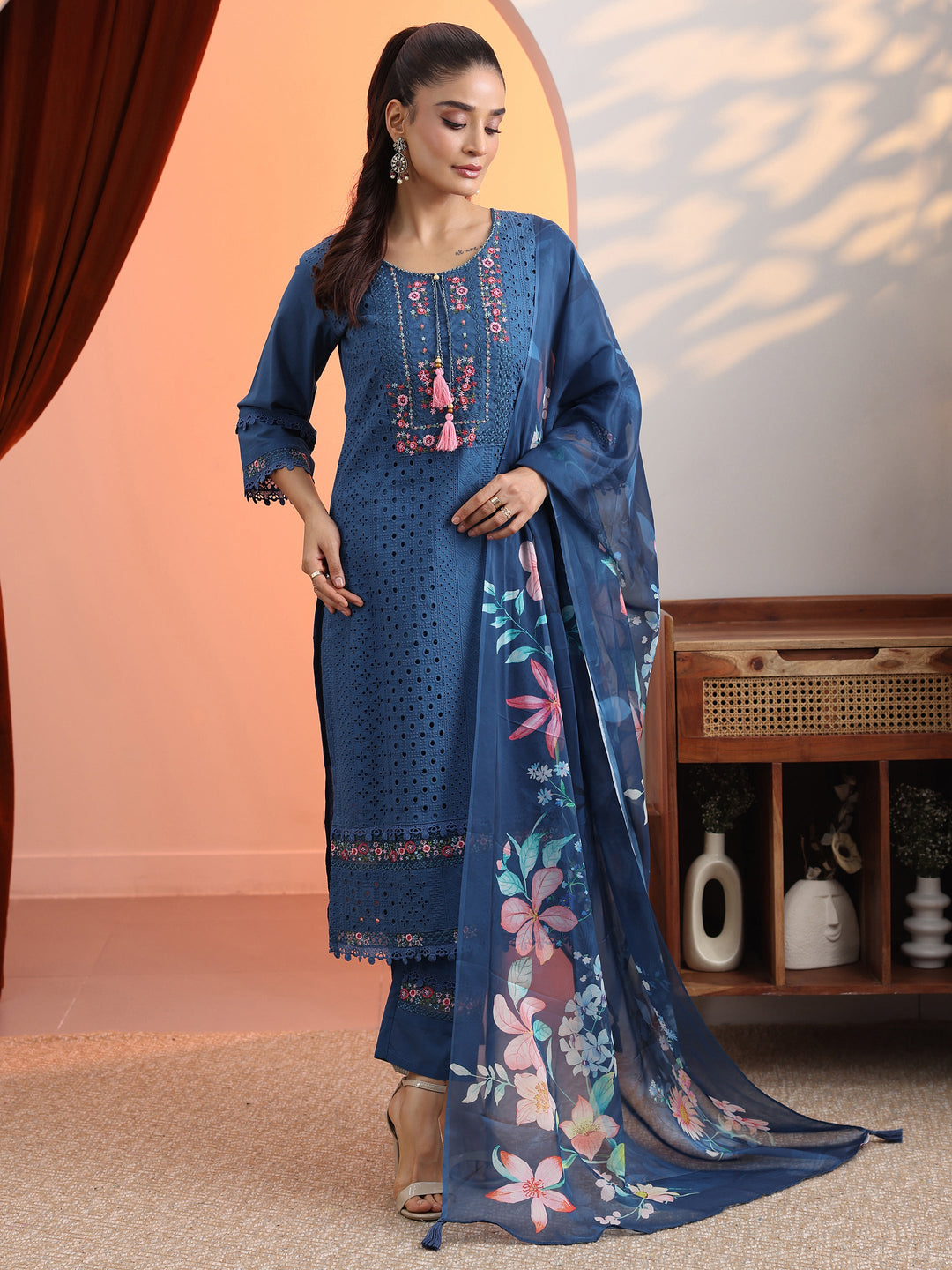 Blue Embroidered Cotton Straight Suit Set With Dupatta